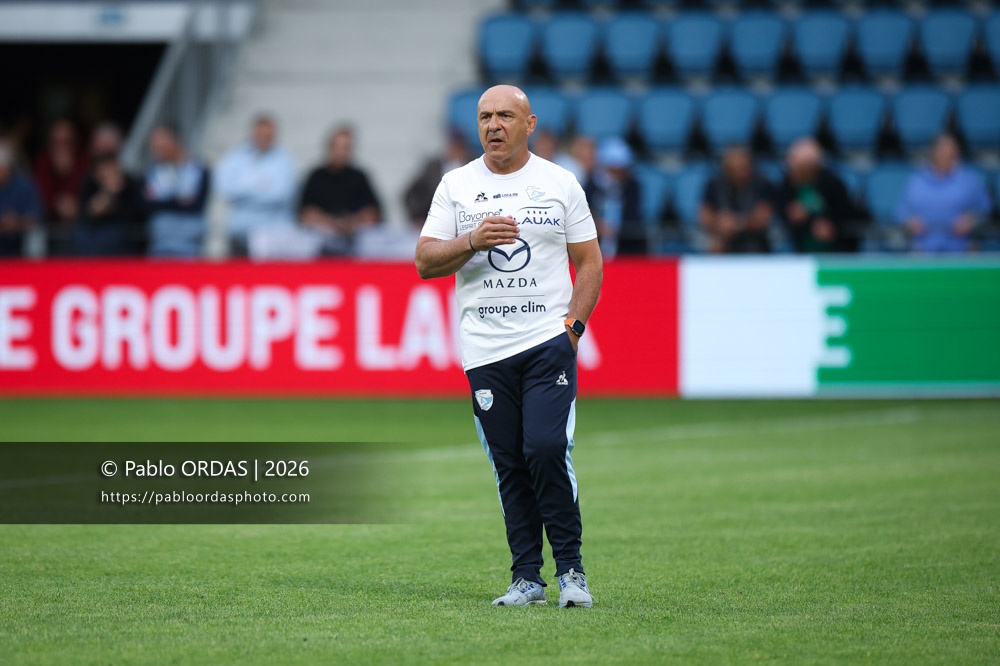Laurent Travers, lors du match de Top 14 entre l'Aviron bayonnais et l'USA Perpignan, le 6 juin 2026 au stade Jean Dauger de Bayonne, France (Photo Pablo ORDAS)