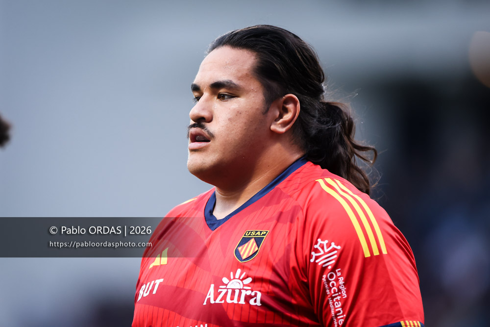 Posolo Tuilagi, lors du match de Top 14 entre l'Aviron bayonnais et l'USA Perpignan, le 6 juin 2026 au stade Jean Dauger de Bayonne, France (Photo Pablo ORDAS)