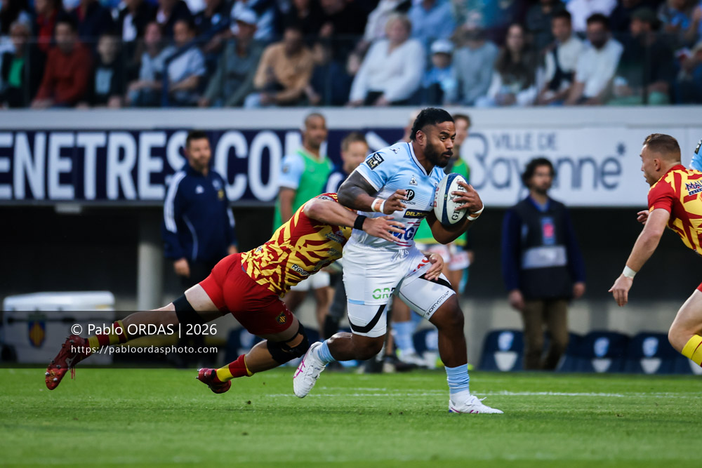 Manu Tuilagi, lors du match de Top 14 entre l'Aviron bayonnais et l'USA Perpignan, le 6 juin 2026 au stade Jean Dauger de Bayonne, France (Photo Pablo ORDAS)