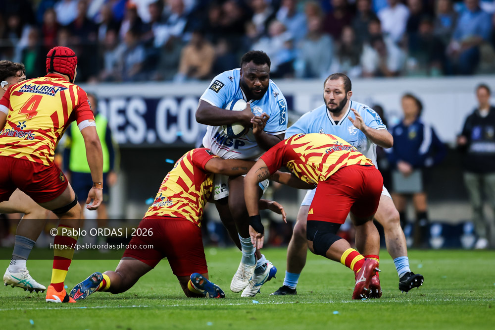 Luke Tagi, lors du match de Top 14 entre l'Aviron bayonnais et l'USA Perpignan, le 6 juin 2026 au stade Jean Dauger de Bayonne, France (Photo Pablo ORDAS)