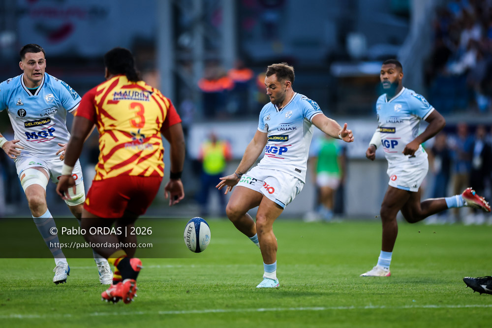 Joris Segonds, lors du match de Top 14 entre l'Aviron bayonnais et l'USA Perpignan, le 6 juin 2026 au stade Jean Dauger de Bayonne, France (Photo Pablo ORDAS)