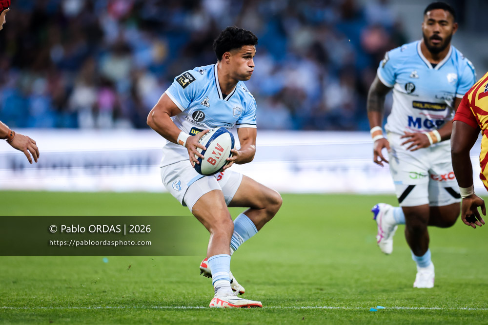 Tom Spring, lors du match de Top 14 entre l'Aviron bayonnais et l'USA Perpignan, le 6 juin 2026 au stade Jean Dauger de Bayonne, France (Photo Pablo ORDAS)