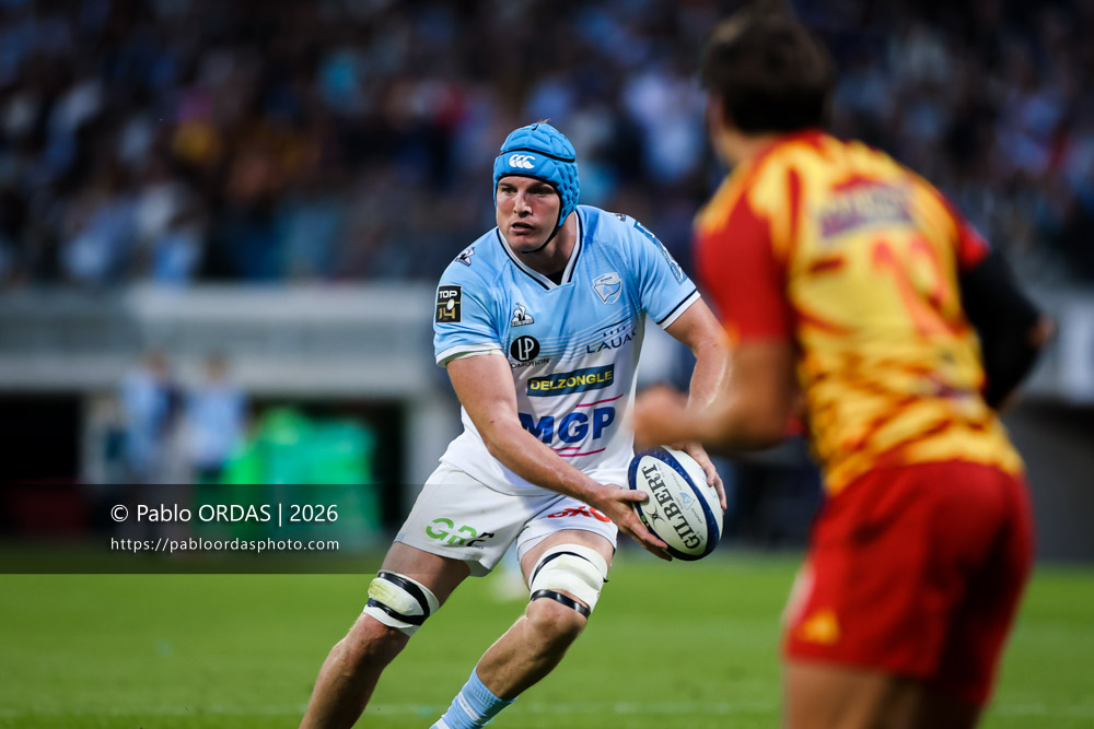 Arthur Iturria, lors du match de Top 14 entre l'Aviron bayonnais et l'USA Perpignan, le 6 juin 2026 au stade Jean Dauger de Bayonne, France (Photo Pablo ORDAS)