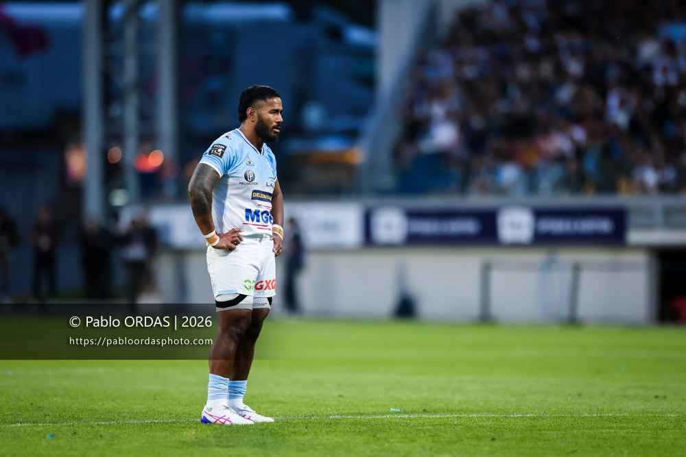 Manu Tuilagi, lors du match de Top 14 entre l'Aviron bayonnais et l'USA Perpignan, le 6 juin 2026 au stade Jean Dauger de Bayonne, France (Photo Pablo ORDAS)