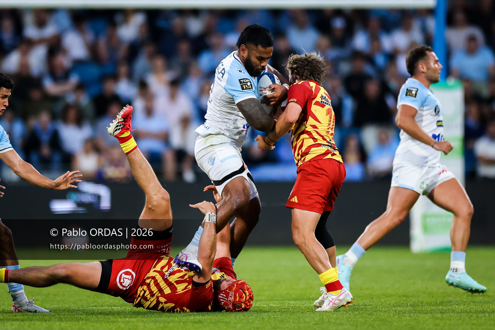 Manu Tuilagi, lors du match de Top 14 entre l'Aviron bayonnais et l'USA Perpignan, le 6 juin 2026 au stade Jean Dauger de Bayonne, France (Photo Pablo ORDAS)