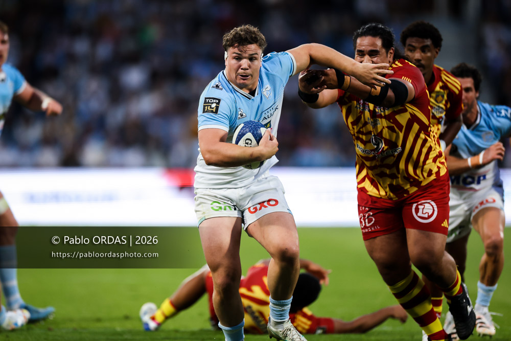 Lucas Martin, lors du match de Top 14 entre l'Aviron bayonnais et l'USA Perpignan, le 6 juin 2026 au stade Jean Dauger de Bayonne, France (Photo Pablo ORDAS)
