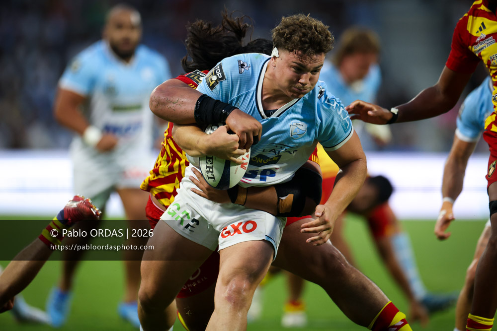 Lucas Martin, lors du match de Top 14 entre l'Aviron bayonnais et l'USA Perpignan, le 6 juin 2026 au stade Jean Dauger de Bayonne, France (Photo Pablo ORDAS)