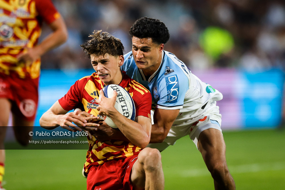 Tom Spring, lors du match de Top 14 entre l'Aviron bayonnais et l'USA Perpignan, le 6 juin 2026 au stade Jean Dauger de Bayonne, France (Photo Pablo ORDAS)