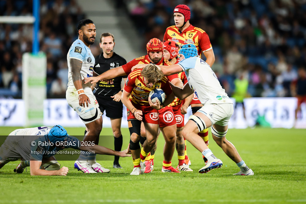 Jake McIntyre, lors du match de Top 14 entre l'Aviron bayonnais et l'USA Perpignan, le 6 juin 2026 au stade Jean Dauger de Bayonne, France (Photo Pablo ORDAS)