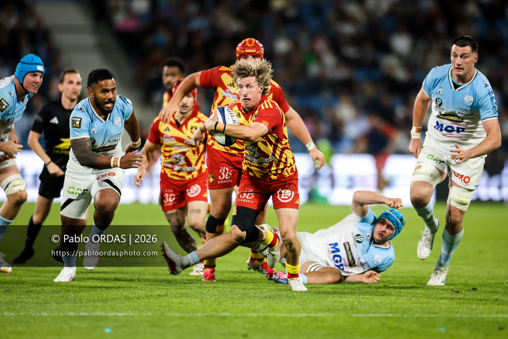 Jake McIntyre, lors du match de Top 14 entre l'Aviron bayonnais et l'USA Perpignan, le 6 juin 2026 au stade Jean Dauger de Bayonne, France (Photo Pablo ORDAS)