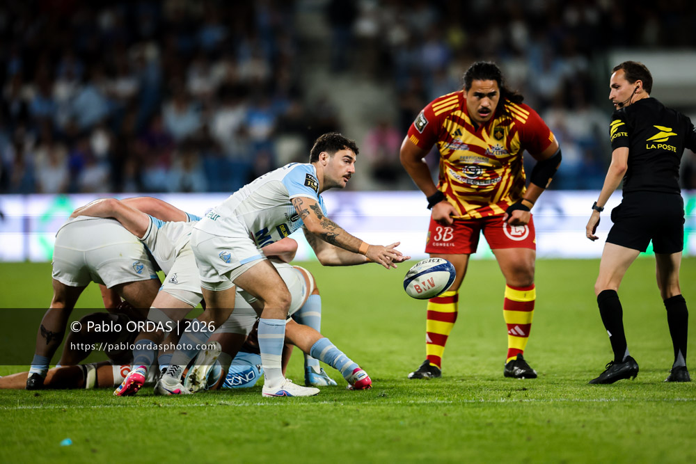 Baptiste Germain, lors du match de Top 14 entre l'Aviron bayonnais et l'USA Perpignan, le 6 juin 2026 au stade Jean Dauger de Bayonne, France (Photo Pablo ORDAS)