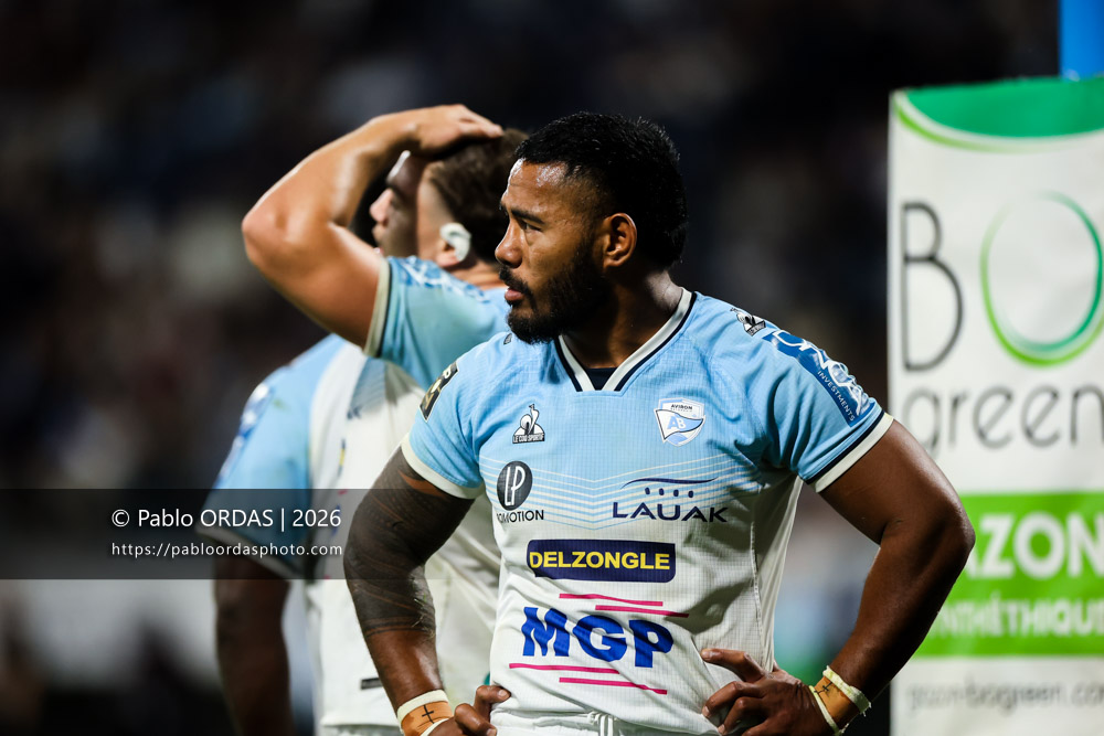 Manu Tuilagi, lors du match de Top 14 entre l'Aviron bayonnais et l'USA Perpignan, le 6 juin 2026 au stade Jean Dauger de Bayonne, France (Photo Pablo ORDAS)