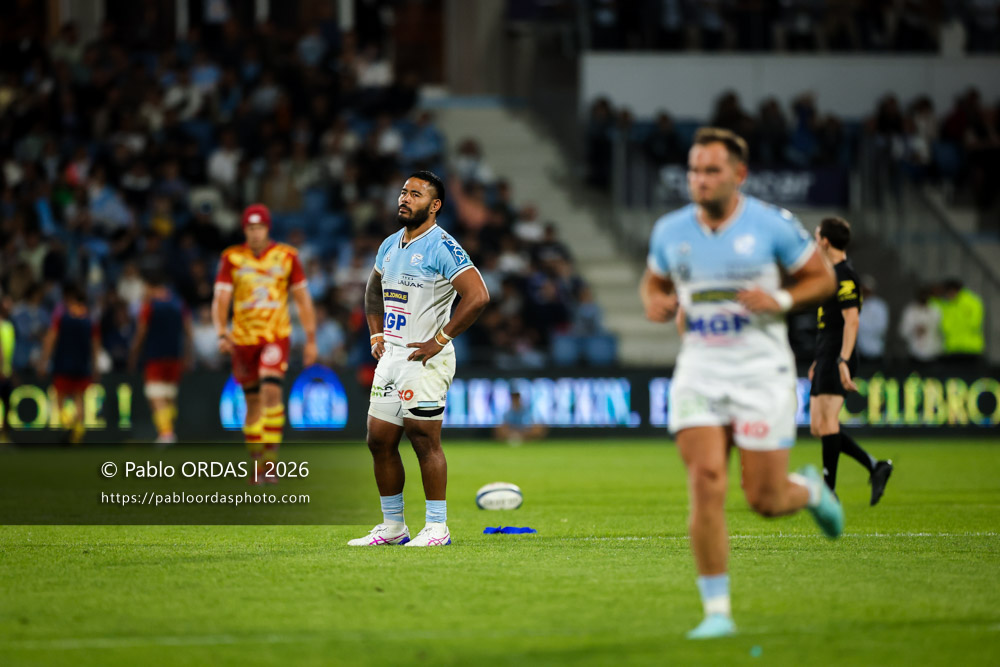 Manu Tuilagi, lors du match de Top 14 entre l'Aviron bayonnais et l'USA Perpignan, le 6 juin 2026 au stade Jean Dauger de Bayonne, France (Photo Pablo ORDAS)