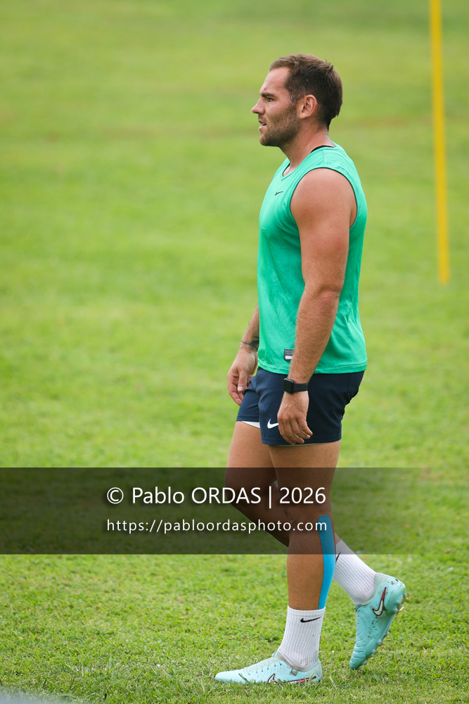 Joris Segonds, lors d'un entraînement avec l'Aviron bayonnais, le 30 juillet 2026 au stade Jean Dauger de Bayonne, France (Photo Pablo ORDAS)