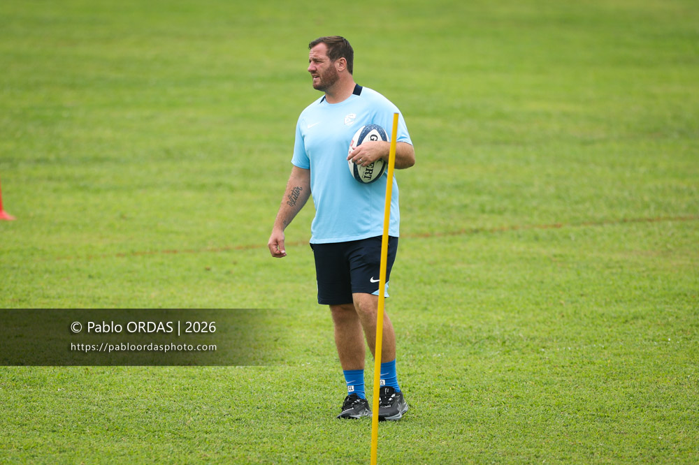 Camille Lopez, lors d'un entraînement avec l'Aviron bayonnais, le 30 juillet 2026 au stade Jean Dauger de Bayonne, France (Photo Pablo ORDAS)