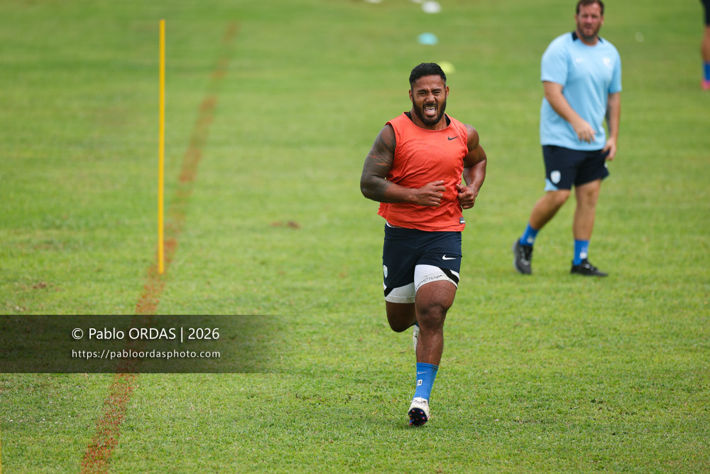 Manu Tuilagi, lors d'un entraînement avec l'Aviron bayonnais, le 30 juillet 2026 au stade Jean Dauger de Bayonne, France (Photo Pablo ORDAS)