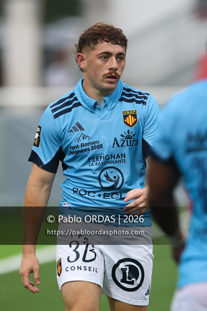 Mayron Fahy, lors du match amical entre le Biarritz olympique et Perpignan, le 14 août 2026 au stade Aguiléra de Biarritz, France (Photo Pablo ORDAS)