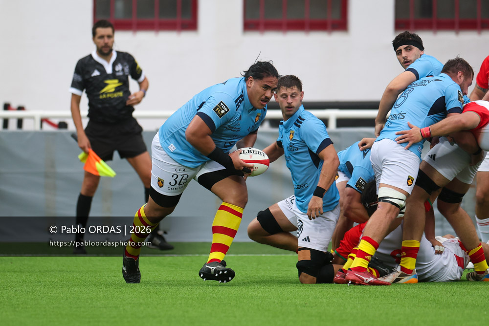 Posolo Tuilagi, lors du match amical entre le Biarritz olympique et Perpignan, le 14 août 2026 au stade Aguiléra de Biarritz, France (Photo Pablo ORDAS)