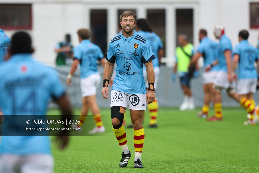 Noe Della Schiava, lors du match amical entre le Biarritz olympique et Perpignan, le 14 août 2026 au stade Aguiléra de Biarritz, France (Photo Pablo ORDAS)