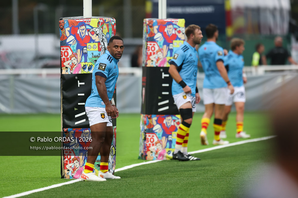 Sevu Reece, lors du match amical entre le Biarritz olympique et Perpignan, le 14 août 2026 au stade Aguiléra de Biarritz, France (Photo Pablo ORDAS)