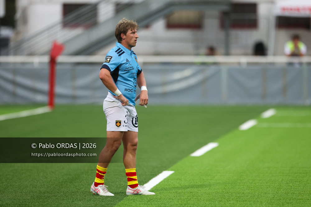 Jake McIntyre, lors du match amical entre le Biarritz olympique et Perpignan, le 14 août 2026 au stade Aguiléra de Biarritz, France (Photo Pablo ORDAS)