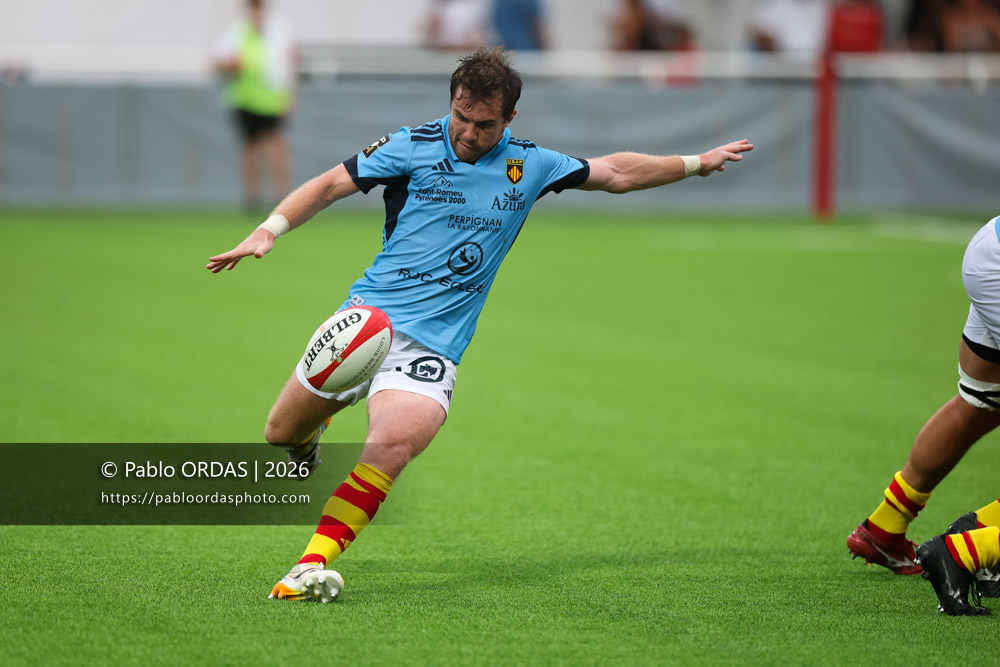 Luke McGrath, lors du match amical entre le Biarritz olympique et Perpignan, le 14 août 2026 au stade Aguiléra de Biarritz, France (Photo Pablo ORDAS)