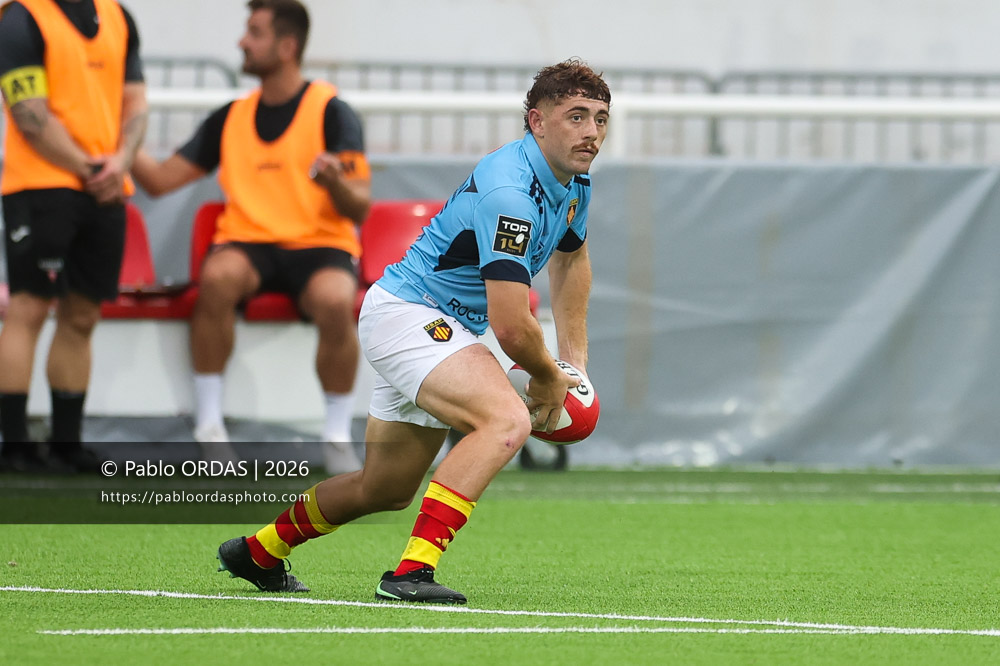 Mayron Fahy, lors du match amical entre le Biarritz olympique et Perpignan, le 14 août 2026 au stade Aguiléra de Biarritz, France (Photo Pablo ORDAS)