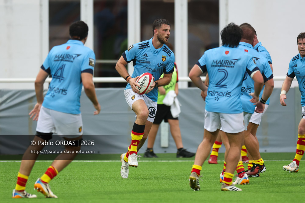 Noe Della Schiava, lors du match amical entre le Biarritz olympique et Perpignan, le 14 août 2026 au stade Aguiléra de Biarritz, France (Photo Pablo ORDAS)
