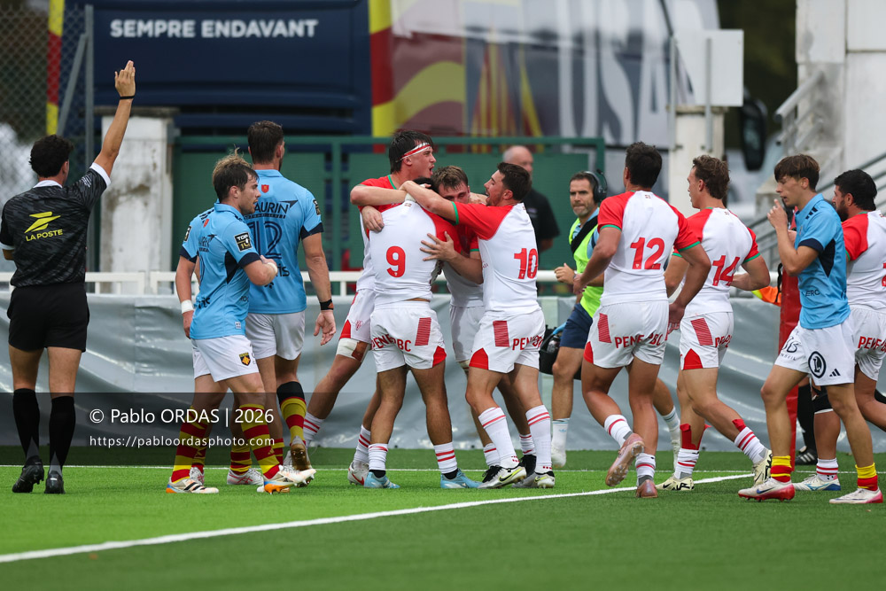 Kerman Aurrekoetxea, Andrea Sacco, lors du match amical entre le Biarritz olympique et Perpignan, le 14 août 2026 au stade Aguiléra de Biarritz, France (Photo Pablo ORDAS)
