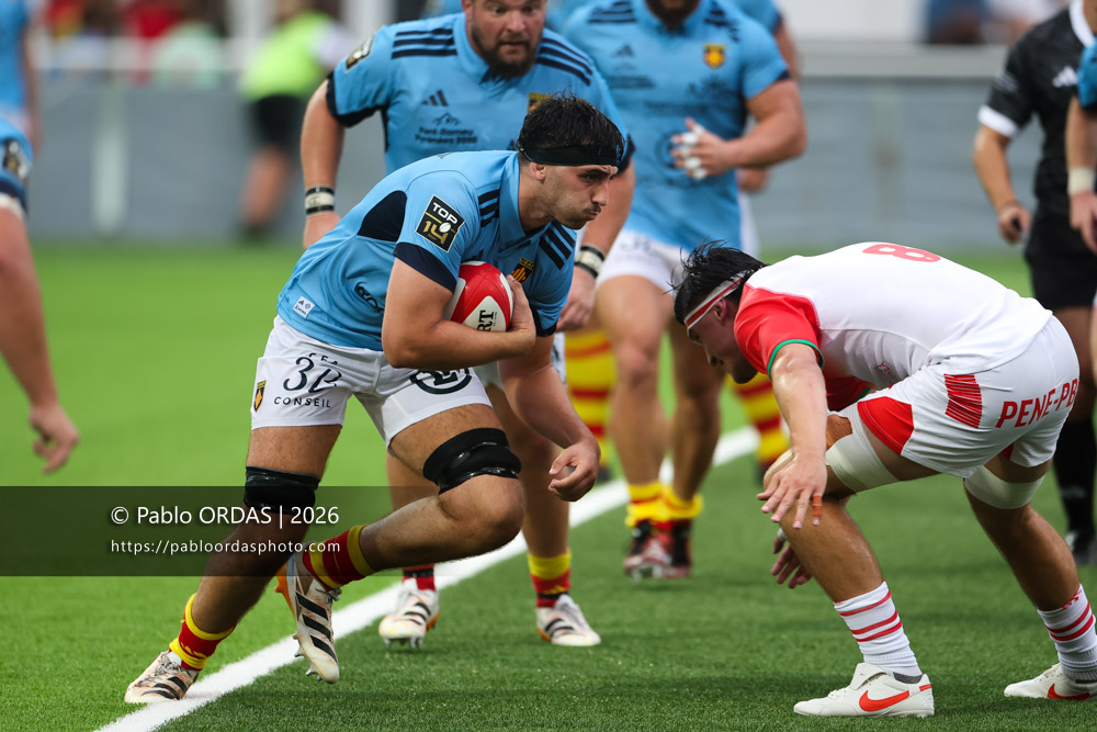 Bastien Chinarro, lors du match amical entre le Biarritz olympique et Perpignan, le 14 août 2026 au stade Aguiléra de Biarritz, France (Photo Pablo ORDAS)