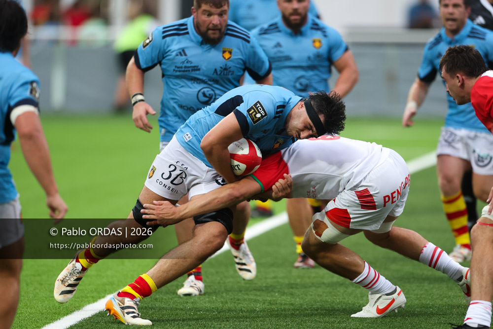 Bastien Chinarro, lors du match amical entre le Biarritz olympique et Perpignan, le 14 août 2026 au stade Aguiléra de Biarritz, France (Photo Pablo ORDAS)