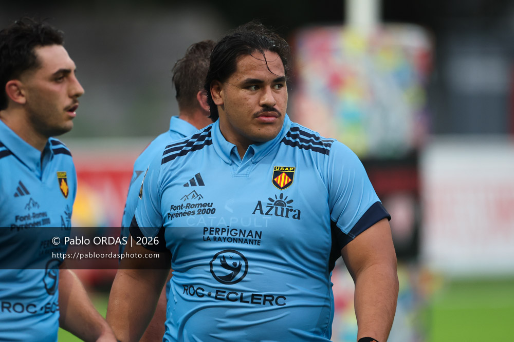 Posolo Tuilagi, lors du match amical entre le Biarritz olympique et Perpignan, le 14 août 2026 au stade Aguiléra de Biarritz, France (Photo Pablo ORDAS)