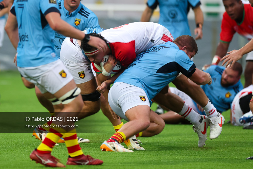 Andrea Sacco, lors du match amical entre le Biarritz olympique et Perpignan, le 14 août 2026 au stade Aguiléra de Biarritz, France (Photo Pablo ORDAS)