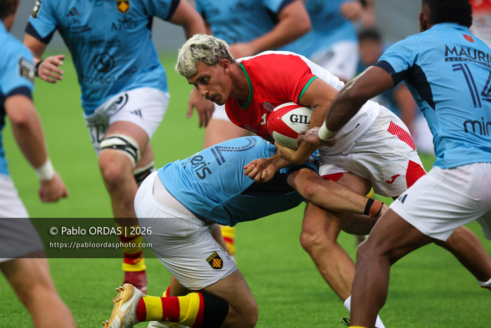 Carlo Mignot, lors du match amical entre le Biarritz olympique et Perpignan, le 14 août 2026 au stade Aguiléra de Biarritz, France (Photo Pablo ORDAS)