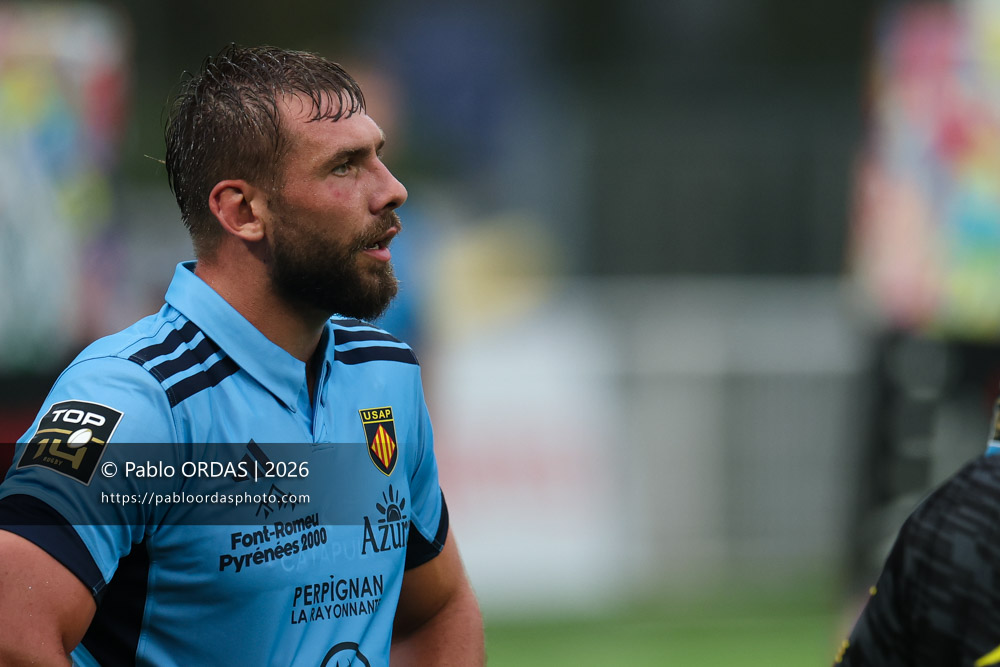 Mattéo Le Corvec, lors du match amical entre le Biarritz olympique et Perpignan, le 14 août 2026 au stade Aguiléra de Biarritz, France (Photo Pablo ORDAS)