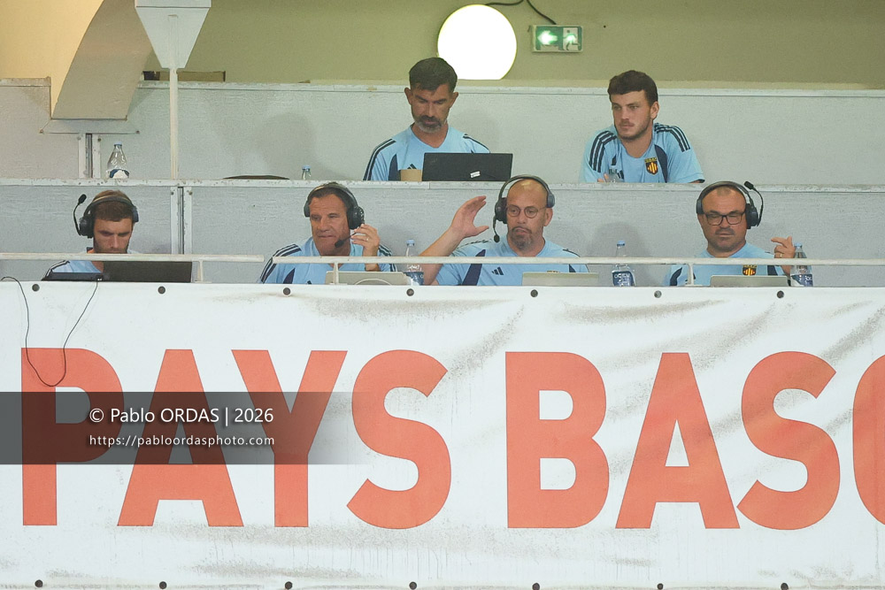 Arthur Alvarez, Laurent Labit, Nicolas Godignon, Nicolas Mas, lors du match amical entre le Biarritz olympique et Perpignan, le 14 août 2026 au stade Aguiléra de Biarritz, France (Photo Pablo ORDAS)