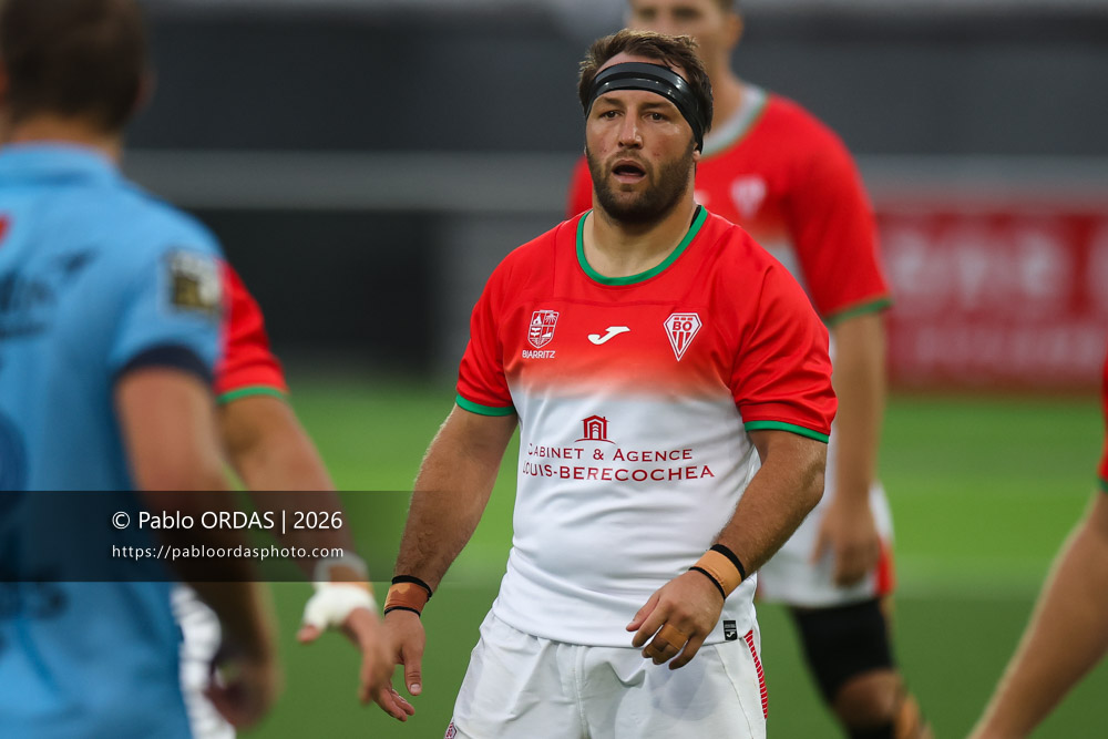 Iban Hiriart Urruty, lors du match amical entre le Biarritz olympique et Perpignan, le 14 août 2026 au stade Aguiléra de Biarritz, France (Photo Pablo ORDAS)