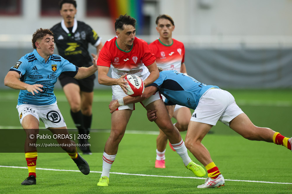 Théo Hirschler, lors du match amical entre le Biarritz olympique et Perpignan, le 14 août 2026 au stade Aguiléra de Biarritz, France (Photo Pablo ORDAS)