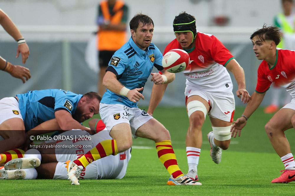 Luke McGrath, lors du match amical entre le Biarritz olympique et Perpignan, le 14 août 2026 au stade Aguiléra de Biarritz, France (Photo Pablo ORDAS)