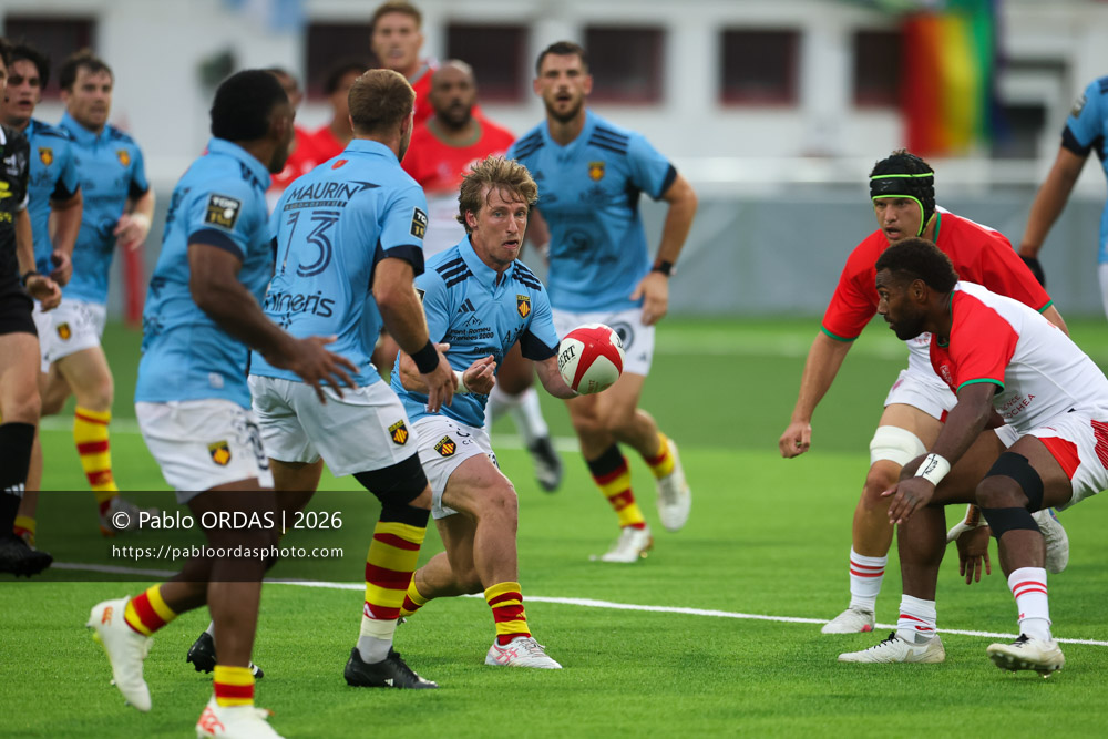 Jake McIntyre, lors du match amical entre le Biarritz olympique et Perpignan, le 14 août 2026 au stade Aguiléra de Biarritz, France (Photo Pablo ORDAS)