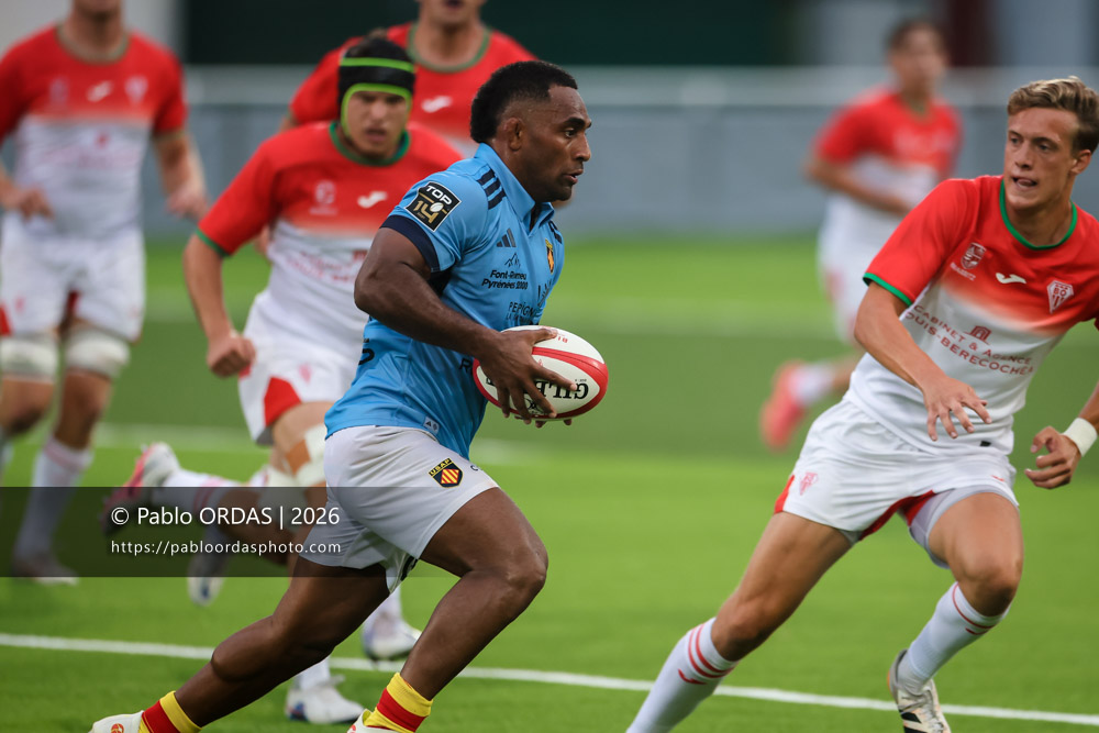 Sevu Reece, lors du match amical entre le Biarritz olympique et Perpignan, le 14 août 2026 au stade Aguiléra de Biarritz, France (Photo Pablo ORDAS)