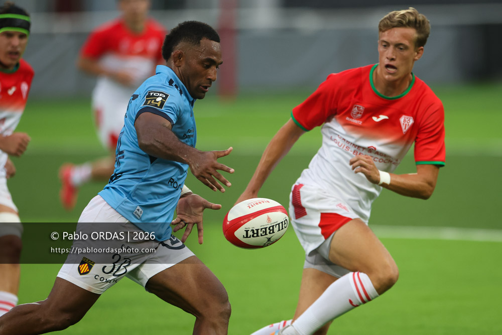 Sevu Reece, lors du match amical entre le Biarritz olympique et Perpignan, le 14 août 2026 au stade Aguiléra de Biarritz, France (Photo Pablo ORDAS)