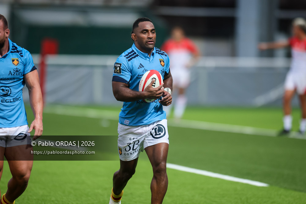 Sevu Reece, lors du match amical entre le Biarritz olympique et Perpignan, le 14 août 2026 au stade Aguiléra de Biarritz, France (Photo Pablo ORDAS)