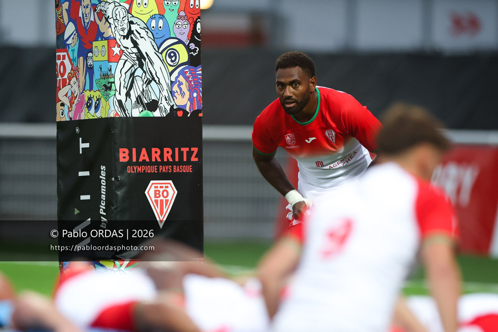 Mosese Dawai, lors du match amical entre le Biarritz olympique et Perpignan, le 14 août 2026 au stade Aguiléra de Biarritz, France (Photo Pablo ORDAS)