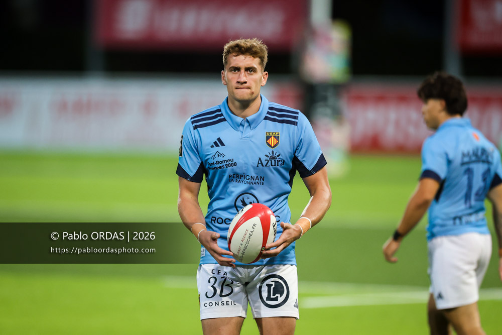 Antoine Aucagne, lors du match amical entre le Biarritz olympique et Perpignan, le 14 août 2026 au stade Aguiléra de Biarritz, France (Photo Pablo ORDAS)