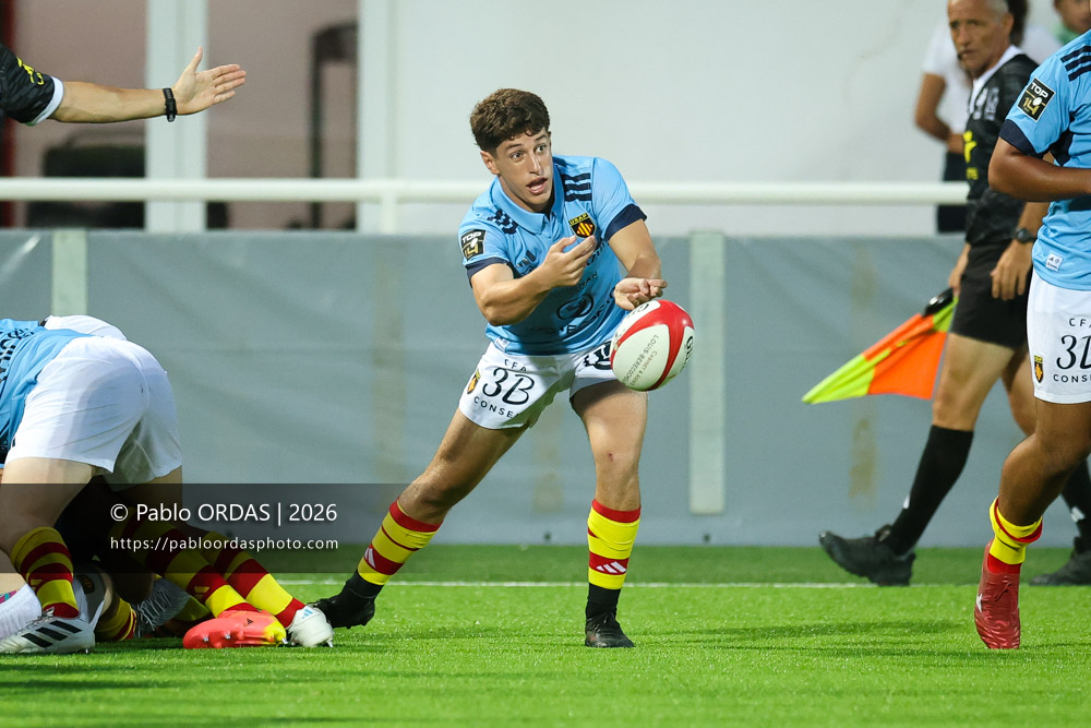 Gabin Kretchmann, lors du match amical entre le Biarritz olympique et Perpignan, le 14 août 2026 au stade Aguiléra de Biarritz, France (Photo Pablo ORDAS)
