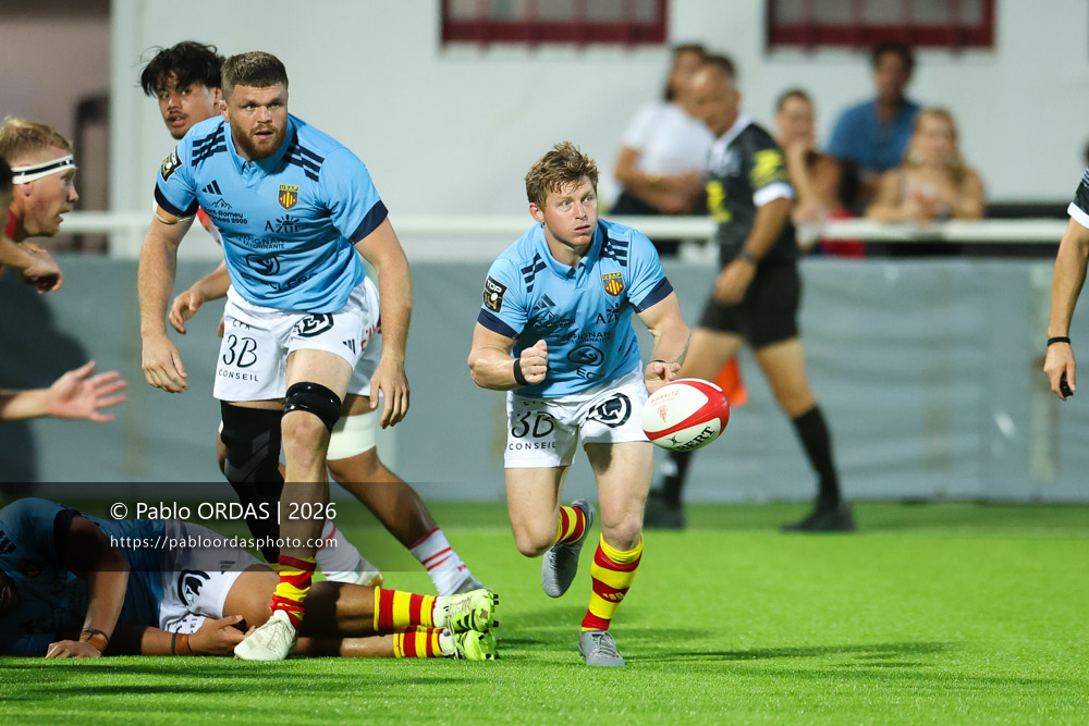 James Hall, lors du match amical entre le Biarritz olympique et Perpignan, le 14 août 2026 au stade Aguiléra de Biarritz, France (Photo Pablo ORDAS)
