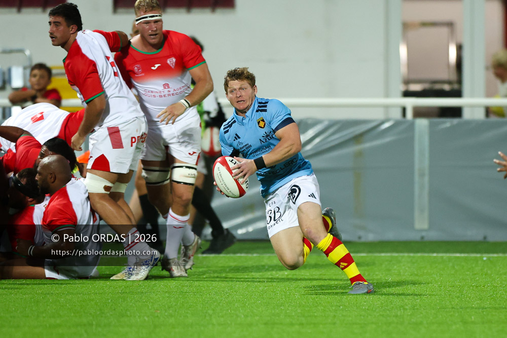 James Hall, lors du match amical entre le Biarritz olympique et Perpignan, le 14 août 2026 au stade Aguiléra de Biarritz, France (Photo Pablo ORDAS)