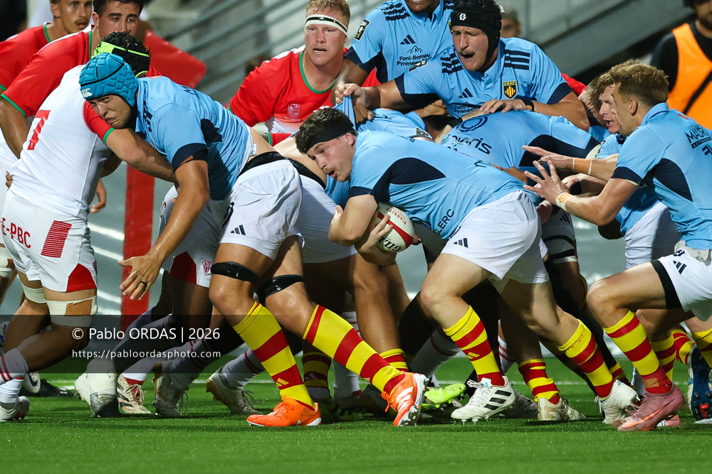 Victor Montgaillard, lors du match amical entre le Biarritz olympique et Perpignan, le 14 août 2026 au stade Aguiléra de Biarritz, France (Photo Pablo ORDAS)