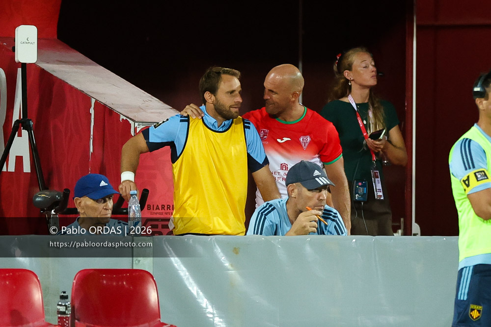 Tom Ecochard, Mathieu Acebes, lors du match amical entre le Biarritz olympique et Perpignan, le 14 août 2026 au stade Aguiléra de Biarritz, France (Photo Pablo ORDAS)